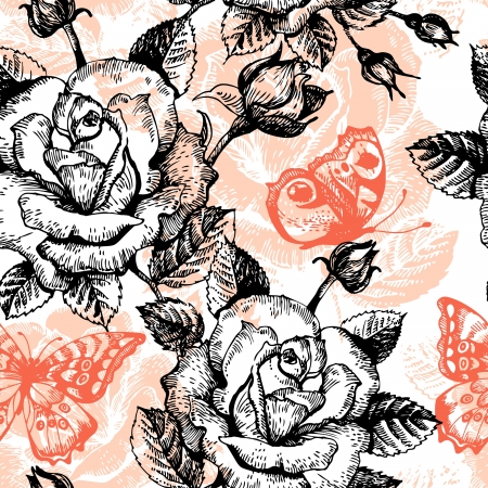 Vintage seamless floral pattern. Hand drawn illustration with bird and butterflyのイラスト素材