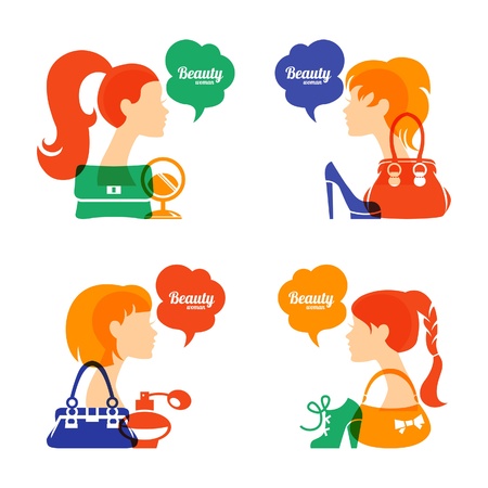 Set of beautiful girl silhouette with fashion icons. Shopping woman. Sale elegant stylish signsのイラスト素材