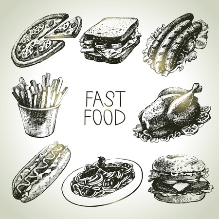 Fast food set. Hand drawn illustrations のイラスト素材