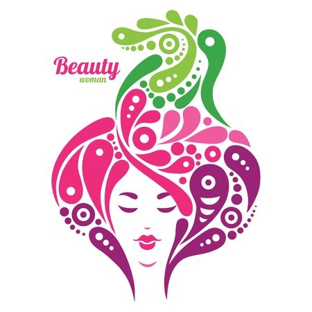 Beautiful woman silhouette. Tattoo of abstract girl hair. Nature designのイラスト素材