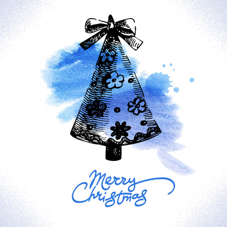 Christmas hand drawn illustration, watercolor backgroundのイラスト素材
