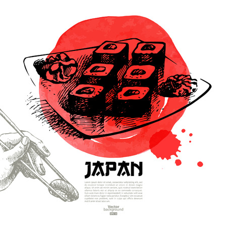 Hand drawn Japanese sushi illustration  Sketch and watercolor menu backgroundのイラスト素材