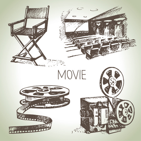 Movie and cinema set  Hand drawn vintage illustrationsのイラスト素材