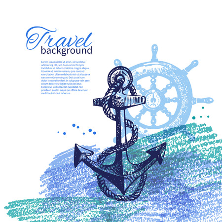 Travel vintage background. Sea nautical design. Hand drawn sketch and watercolor illustrations	のイラスト素材
