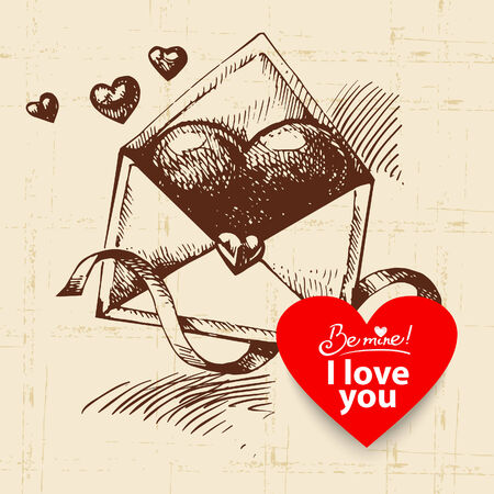 Valentine's Day vintage background. Hand drawn illustration with heart form banner. Envelope with ribbon and heartのイラスト素材