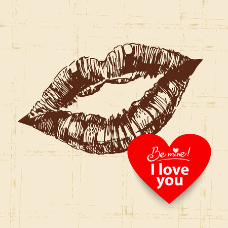 Valentine's Day vintage background. Hand drawn illustration with heart form banner. 
Lips
のイラスト素材