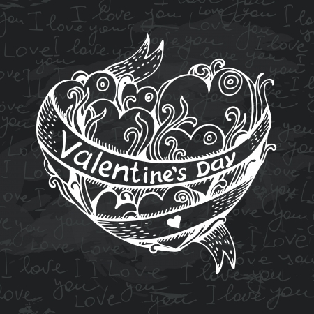 Hand drawn heart chalkboard design. Black chalk texture. Valentines Day cardのイラスト素材