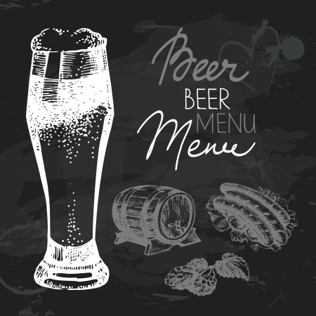 Oktoberfest beer hand drawn chalkboard design set. Black chalk textureのイラスト素材