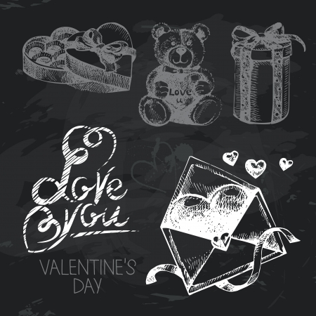 Valentine's Day hand drawn chalkboard design setのイラスト素材
