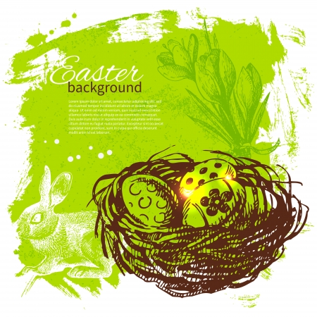 Vintage Easter background with hand drawn sketch illustrations のイラスト素材