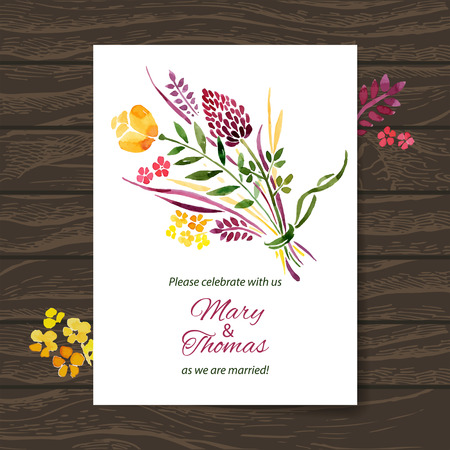 Wedding invitation card with watercolor floral bouquet. Vector backgroundのイラスト素材
