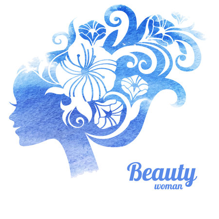 Watercolor beautiful woman silhouette with flowers. Vector illustration のイラスト素材