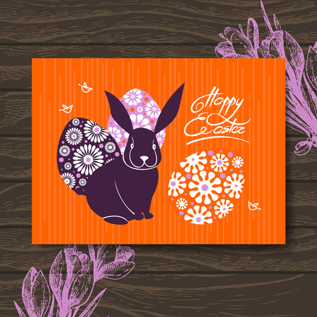 Easter card. Easter rabbit and eggs. Hand drawn illustration wooden backgroundのイラスト素材