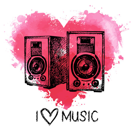 Music background with splash watercolor heart and sketch speakers. Hand drawn illustrationのイラスト素材