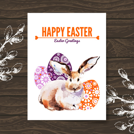 Easter card. Sketch watercolor Easter rabbit. Hand drawn illustration wooden backgroundのイラスト素材