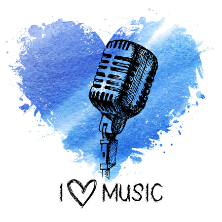 Music background with splash watercolor heart and sketch microphone. Hand drawn illustrationのイラスト素材
