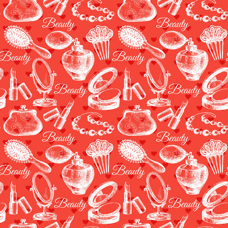 Beauty seamless pattern. Cosmetic accessories. Vintage hand drawn sketch vector illustrations のイラスト素材