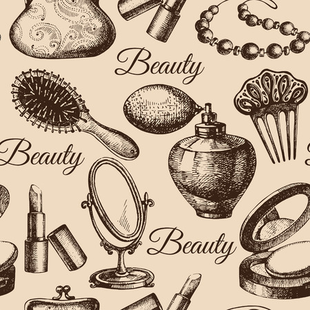 Beauty seamless pattern. Cosmetic accessories. Vintage hand drawn sketch vector illustrations のイラスト素材