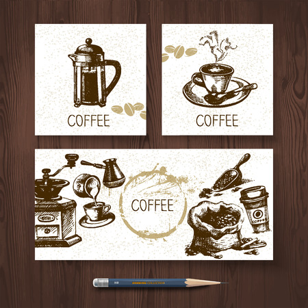 Vector identity set of coffee banners. Menu design templates with hand drawn sketch illustrations のイラスト素材