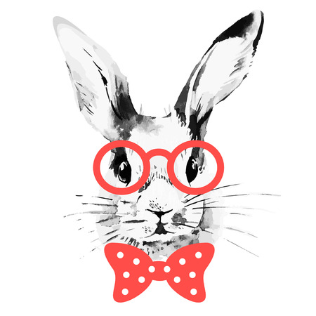 Hipster rabbit. Hand drawn watercolor sketch portrait のイラスト素材