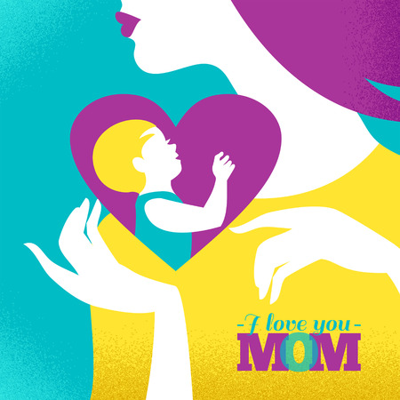 Beautiful silhouette  of mother and baby in heart. Card of Happy Mother's Dayのイラスト素材