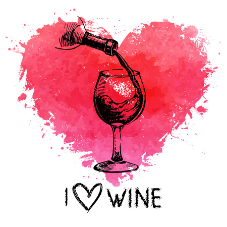 Wine vintage background with banner. Hand drawn sketch illustration with splash watercolor heartのイラスト素材