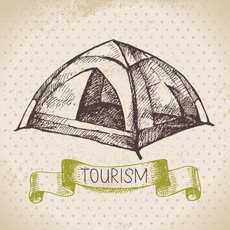 Vintage sketch tourism background. Hike and camping hand drawn illustrationのイラスト素材