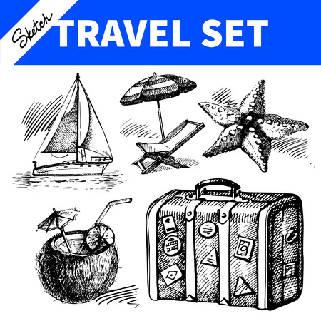 Travel and holiday set. Hand drawn sketch illustrationsのイラスト素材