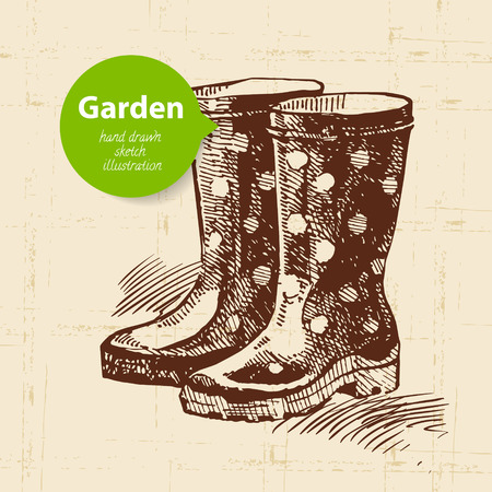 Vintage sketch garden boots background. Hand drawn design のイラスト素材