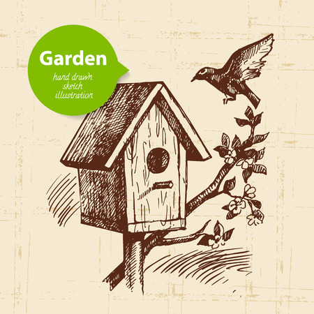 Vintage sketch birdhouse background. Hand drawn design のイラスト素材