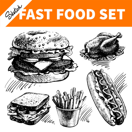 Fast food set. Hand drawn sketch illustrations のイラスト素材
