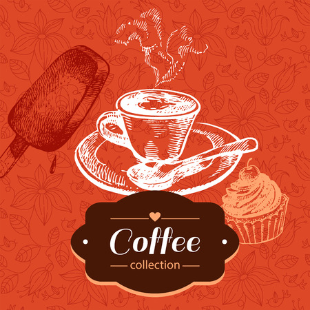 Vintage coffee background. Hand drawn sketch illustration. Menu designのイラスト素材