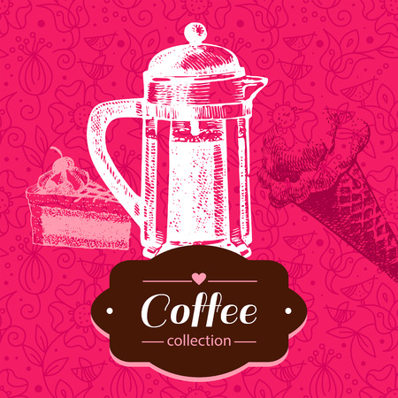 Vintage coffee background. Hand drawn sketch illustration. Menu designのイラスト素材