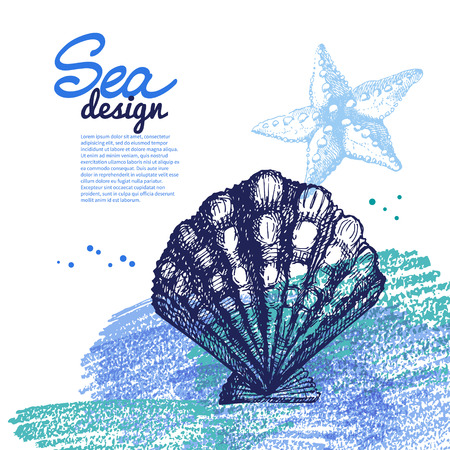 Seashell background. Sea nautical design. Hand drawn sketch and watercolor vector illustrationのイラスト素材