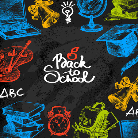 Hand drawn back to school background. Sketch education object set. Vector illustration. Chalkboard designのイラスト素材