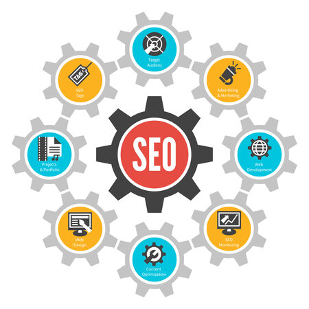 SEO internet technology concept. Infographic design with cogwheel. Vector illustrationのイラスト素材