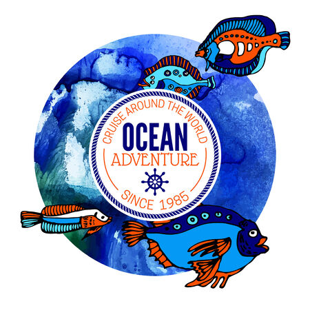 Ocean adventure background. Sea nautical design. Hand drawn watercolor vector illustrationのイラスト素材
