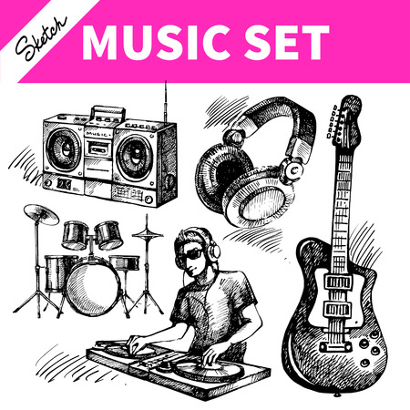 Sketch music set. Hand drawn vector illustrations of Dj iconsのイラスト素材