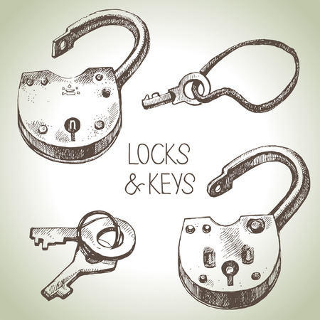 Hand drawn sketch locks and keys set. Vector illustration のイラスト素材