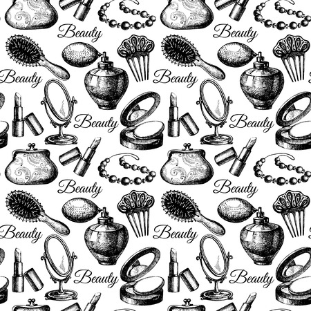 Beauty seamless pattern. Cosmetic accessories. Vintage hand drawn sketch vector illustrations	のイラスト素材