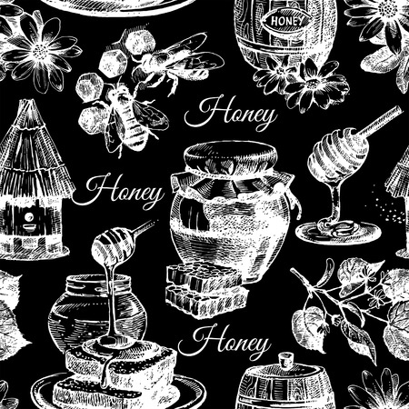 Vector honey seamless pattern with hand drawn sketch illustrationのイラスト素材