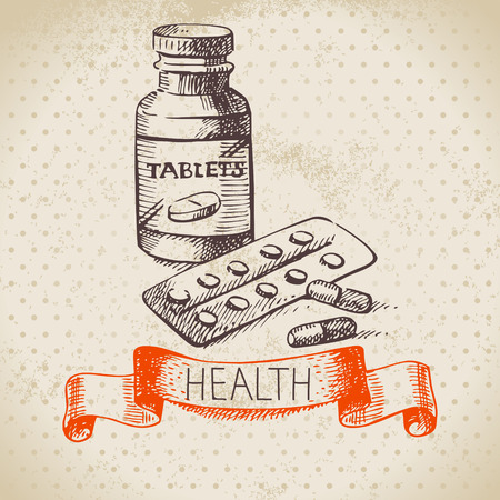 Sketch healthy and medical set. Hand drawn vector illustrationのイラスト素材