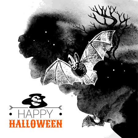 Halloween background. Typographic poster. Hand drawn sketch and watercolor vector illustrationのイラスト素材
