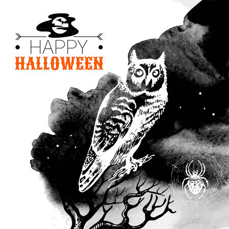 Halloween background. Typographic poster. Hand drawn sketch and watercolor vector illustrationのイラスト素材