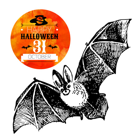 Halloween background. Typographic poster. Hand drawn sketch and watercolor vector illustrationのイラスト素材