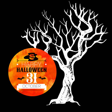 Halloween background. Typographic poster. Hand drawn sketch and watercolor vector illustrationのイラスト素材