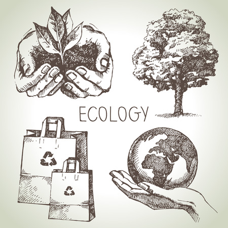 Sketch ecology set. Hand drawn vector illustrationのイラスト素材