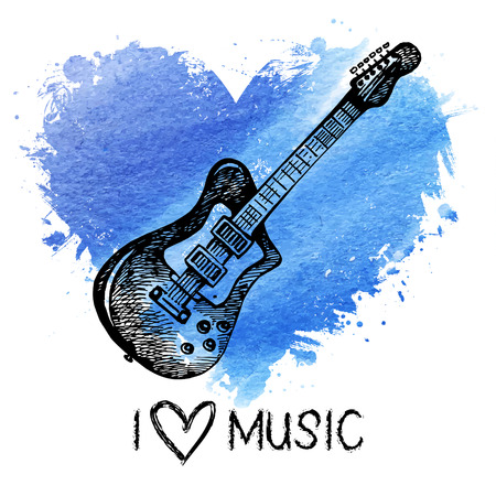 Music background with splash watercolor heart and sketch. Hand drawn vector illustrationのイラスト素材