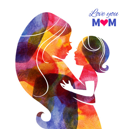 Watercolor mother silhouette with her baby. Card of Happy Mothers Day. Vector illustration with beautiful woman and child