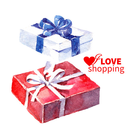 Watercolor painting gift box with bow. Vector illustration. Holiday cardのイラスト素材